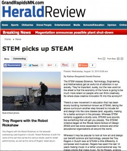 A screenshot of an article in the Grand Rapids Herald Review about upcoming Making Music with Robots workshops conducted by composer Troy Rogers as an example of STEAM (Science, Technology, Engineering, Arts, Mathematics) educational opportunities that promote creative learning and creative innovation.